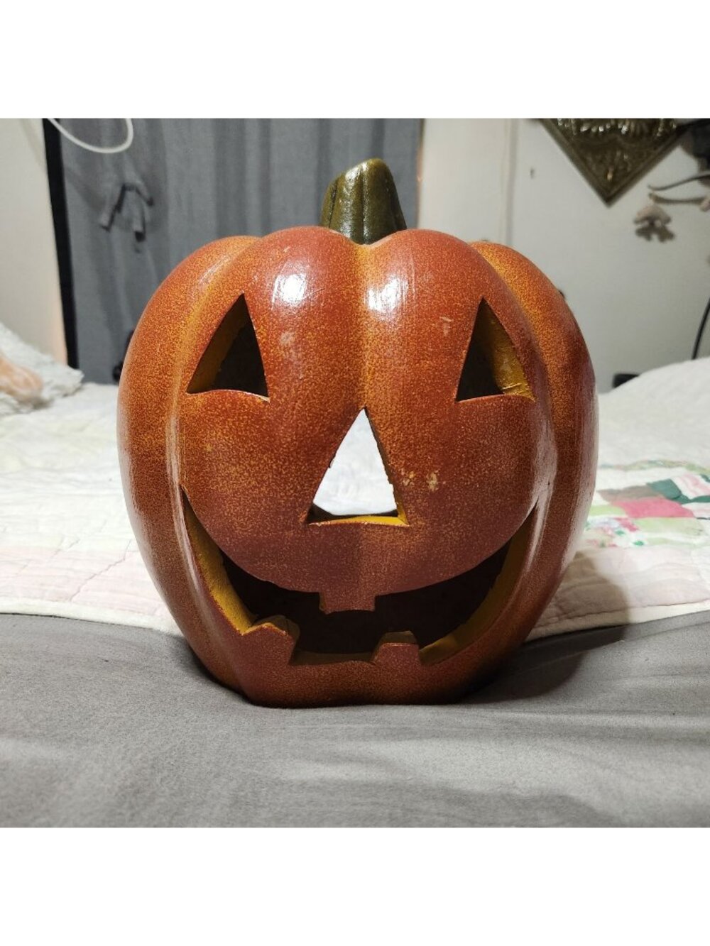 Vintage Terracotta Jack-O-Lantern Pumpkin Candle Holder Halloween Decor 12" Tall